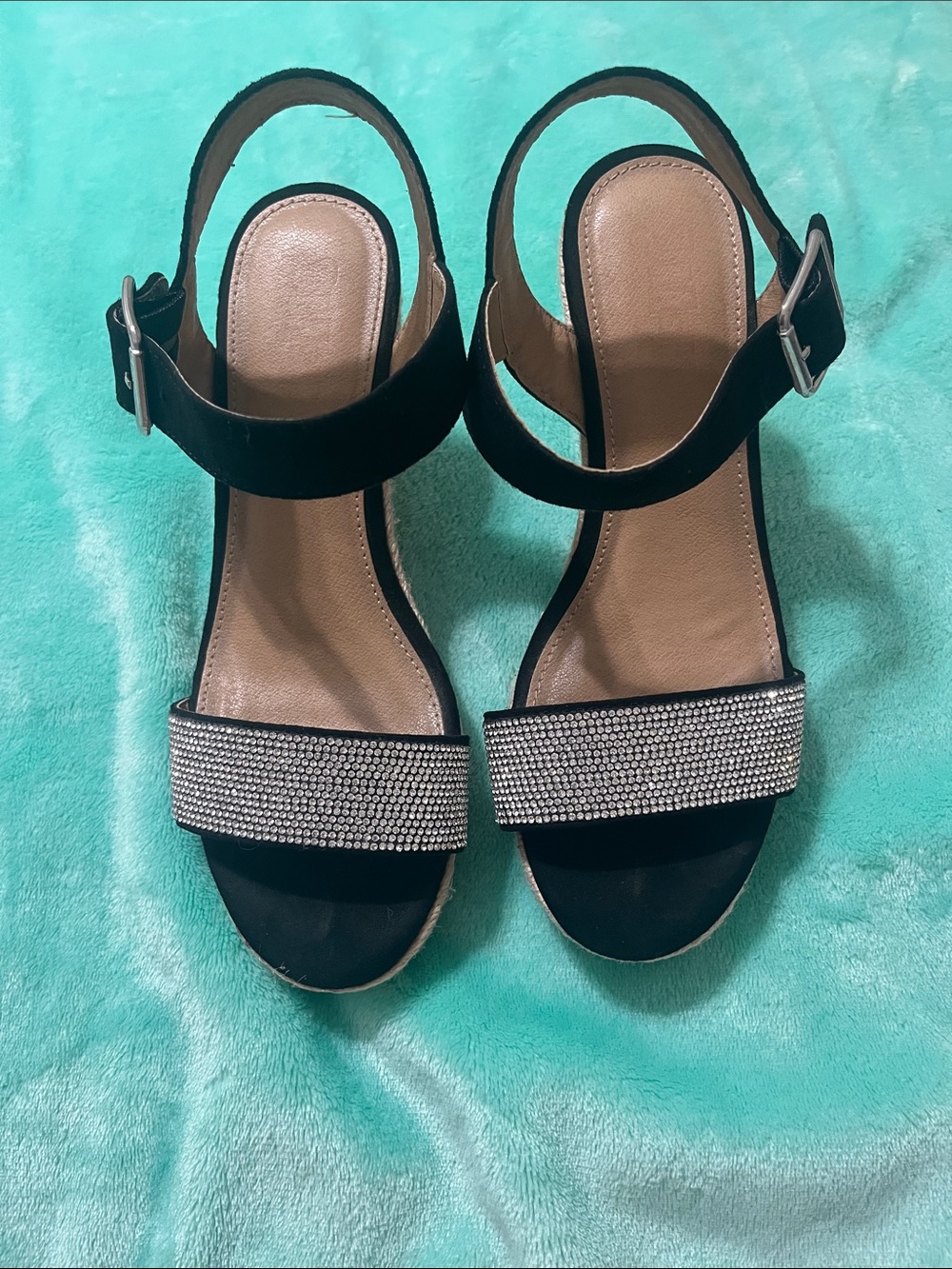 Black Women's Slingback Sandals with Rhinestone Strap